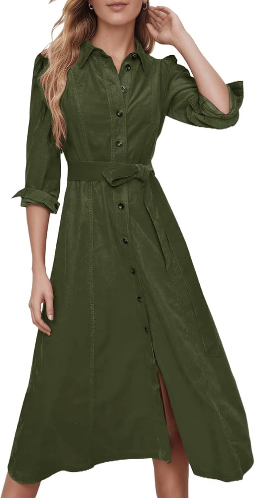 Women's Corduroy Maxi Dress Long Sleeve Cord Button Down Fall Shirt Long Dress with Belt | Amazon (US)
