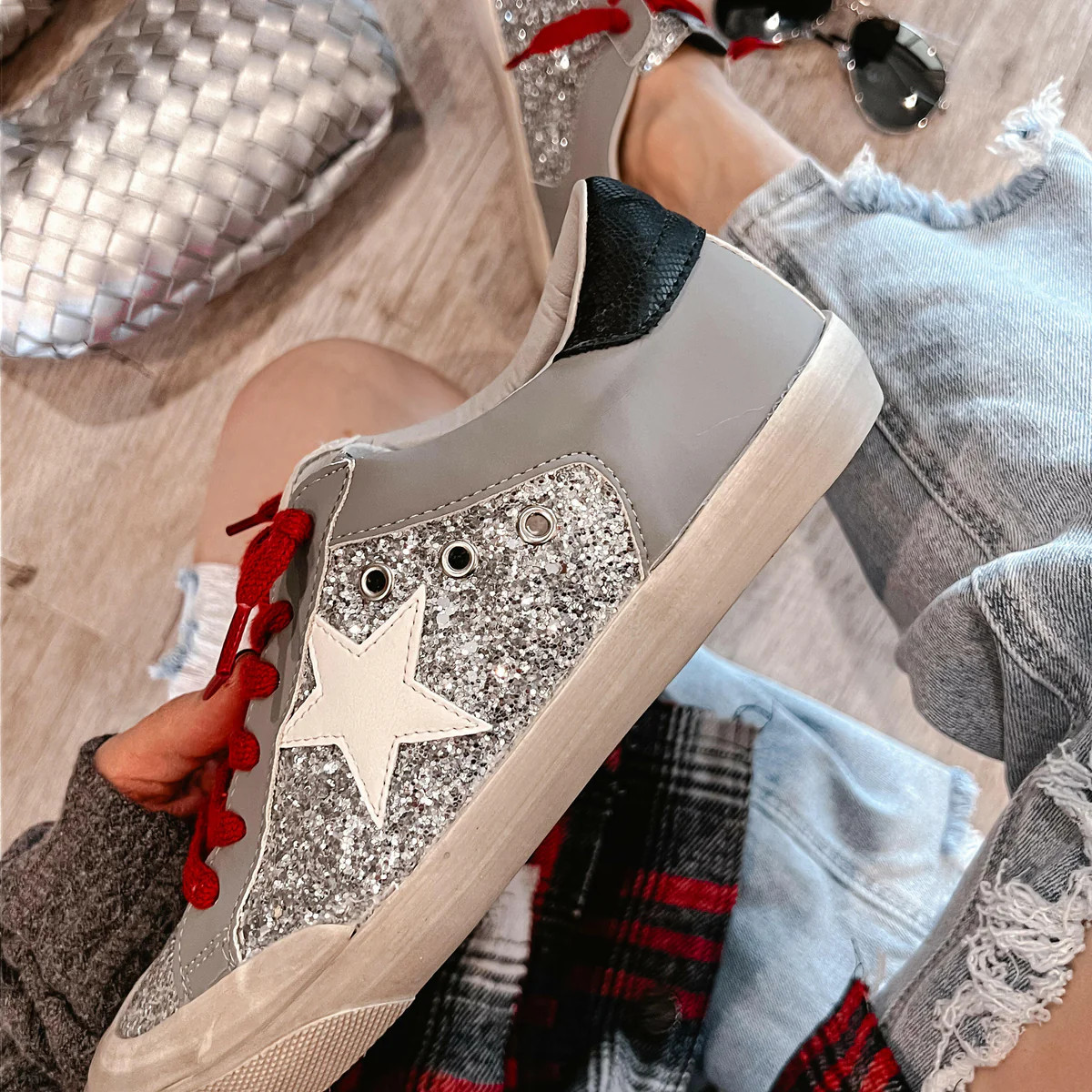 Sneakers: Silver Glitter Star Sneakers with Laces | Krush Kandy
