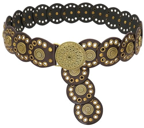 Buywis Wide Disc Belt for Women Disk Concho Belts Western Leather Belt Boho Waist Belt for Dress Coffee Band Retro Gold Buckle Length 51" Fit Waist Size Below 49" | Amazon (US)