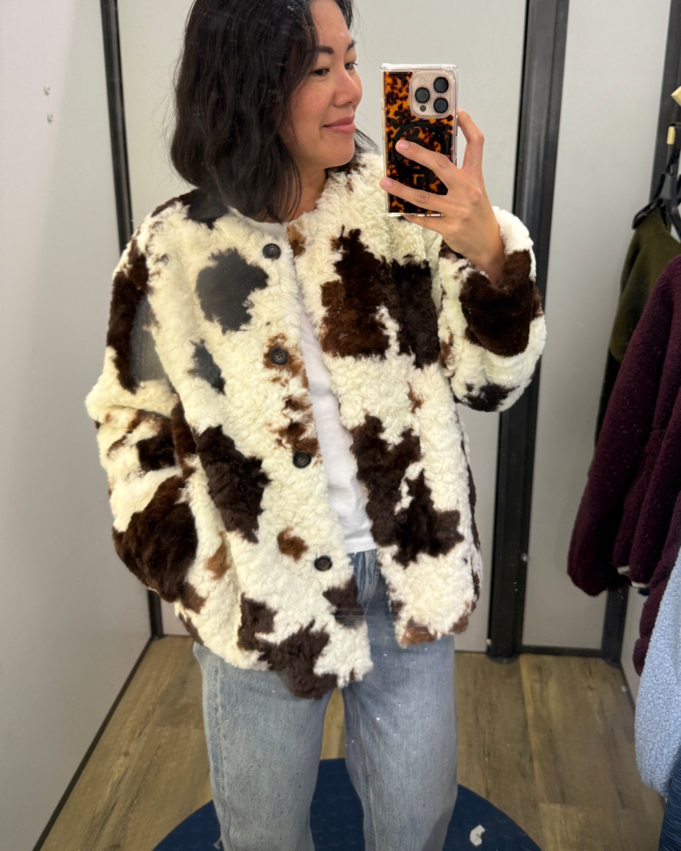 Wearing a Small in the cow print jacket  

#LTKHoliday #LTKPetite #LTKOver40