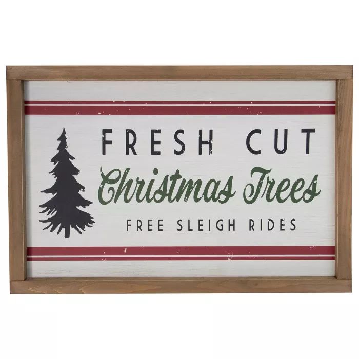 Northlight 18" White and Red Rectangular "Fresh Cut Christmas Trees" Wooden Christmas Wall Decor | Target