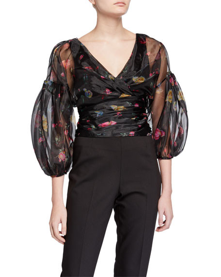 flor et.al Jackson Rosebud Printed Puff-Sleeve Cropped Organza Top | Neiman Marcus