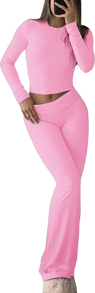Women's 2 Piece Casual Pajama Set-Slim Fit Long Sleeve Top Low Rise Bell Bottoms-Versatile Yoga L... | Amazon (US)