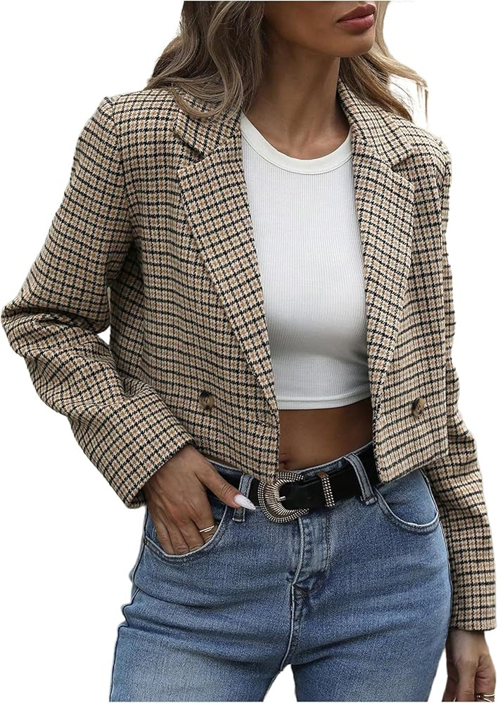 WDIRARA Women's Plaid Button Open Front Cropped Blazer Houndstooth Long Sleeve Work Office Jacket | Amazon (US)