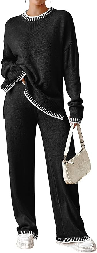Angashion Womens 2 Piece Outfits - Sweater Sets Long Sleeve Knit Tops Wide Leg Pants Lounge Track... | Amazon (US)