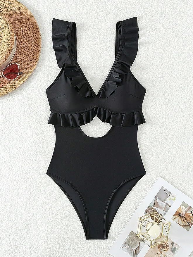 Women's One Piece Swimsuit Cut Out Ruffle Trim Bathing Suits Swimwear Beachwear | Amazon (US)