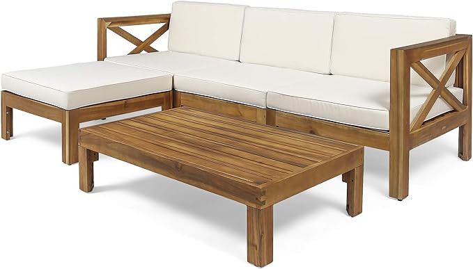 Christopher Knight Home 308260 Mamie Outdoor Acacia Wood 5 Piece Sofa Set, Teak Finish, Beige | Amazon (US)