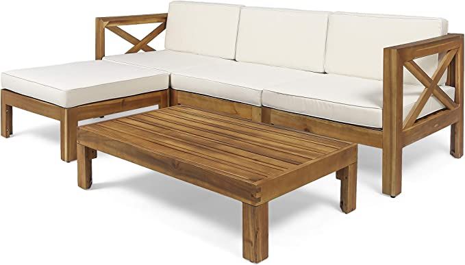 Christopher Knight Home 308260 Mamie Outdoor Acacia Wood 5 Piece Sofa Set, Teak Finish, Beige | Amazon (US)