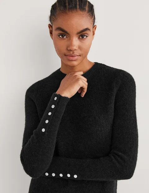 Jewel Button Fluffy Sweater - Black | Boden (US)