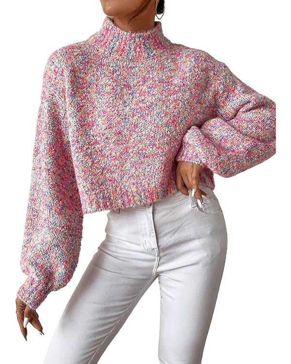 Floerns Women's Turtle Neck Long Sleeve Knitted Pullover Sweater Crop Tops | Amazon (US)