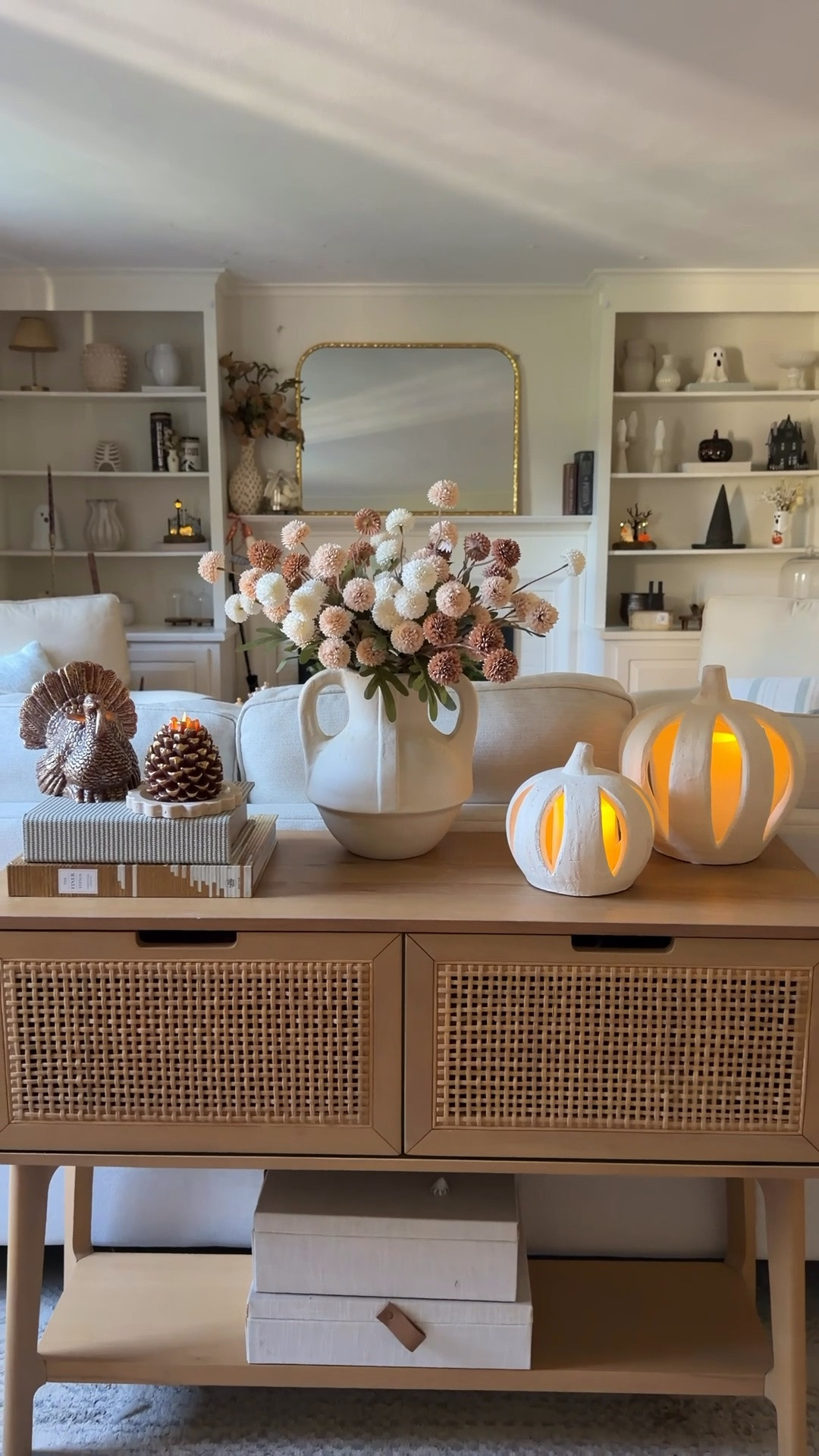Neutral Fall Styling! These white pumpkins are so unique and so high quality and look beautiful with candles in them! I paired them with my favorite @luminaraworldwide tapers and my new turkey and pinecone flameless candles perfect for fall and Thanksgiving decorating!

#LTKHome #LTKSeasonal