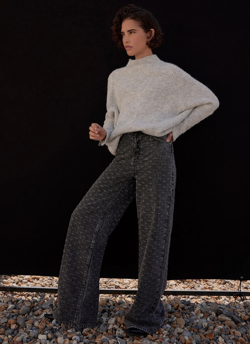 Grey Textured Diamante  Wide Jeans | Mint Velvet