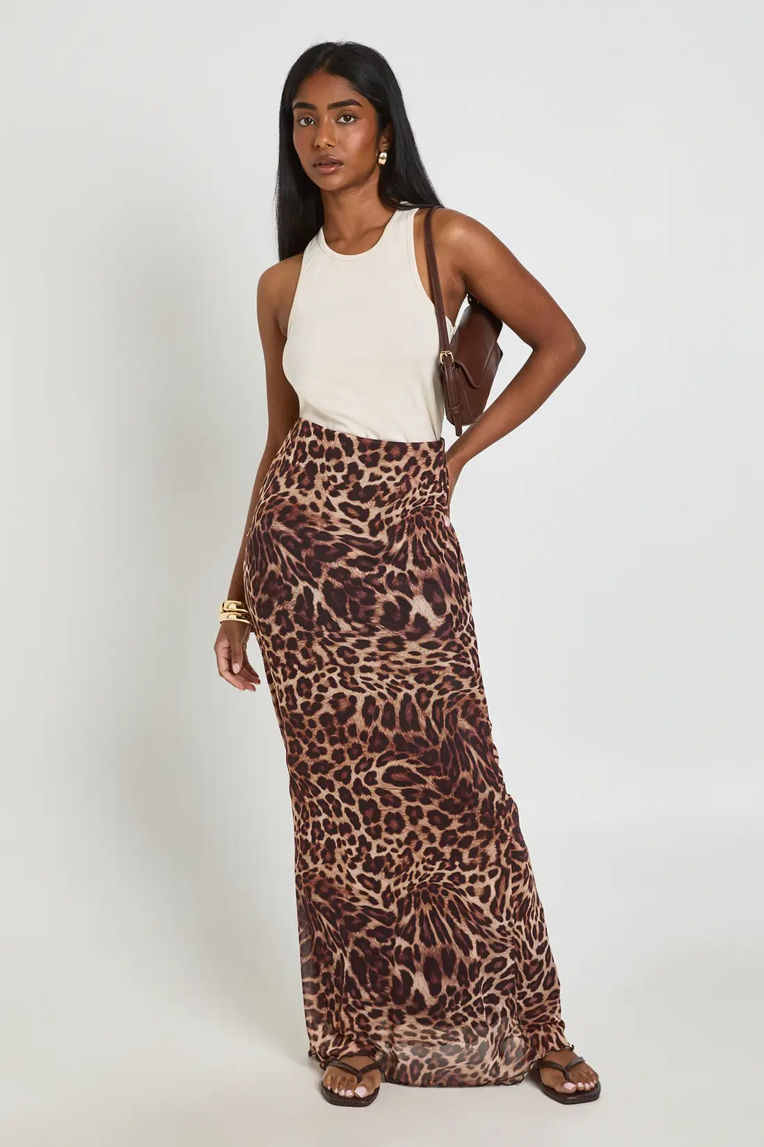 Brown Animal Print Mesh Maxi Skirt | Boohoo USA | boohoo (US & Canada)