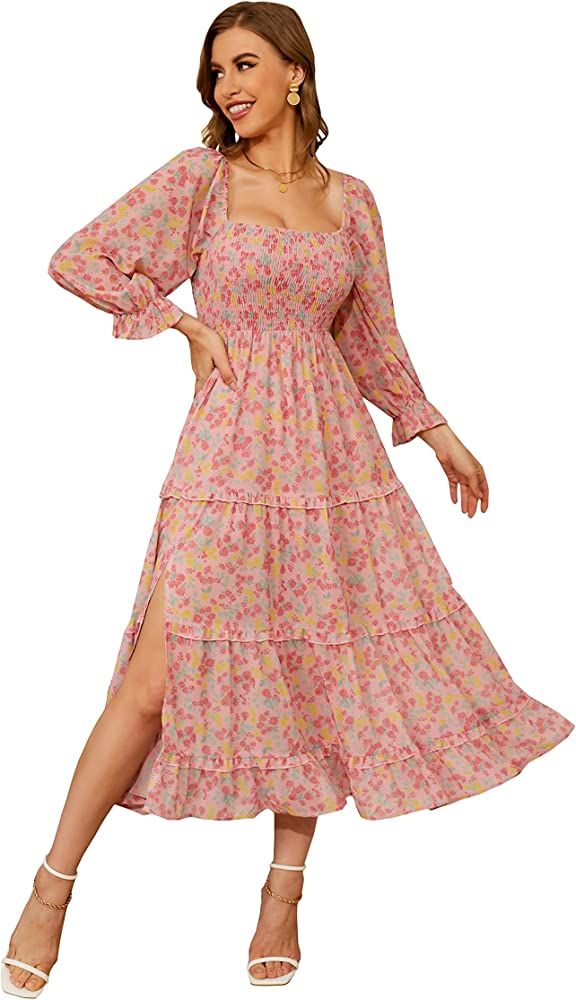 R.YIposha Women's Autumn Bohemian Dress Puff Sleeve Ruffled Floral Print Casual Off Shoulder Long... | Amazon (US)