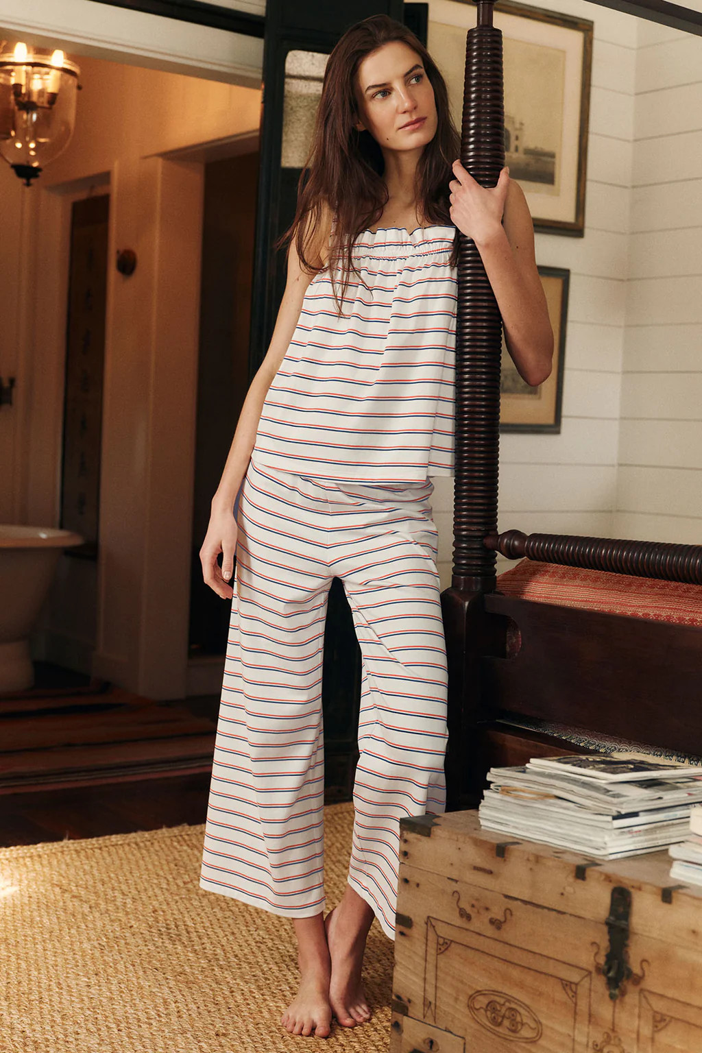 Pima Ruffle Pants Set in Lapis Bicolor Tidal Stripe | Lake Pajamas