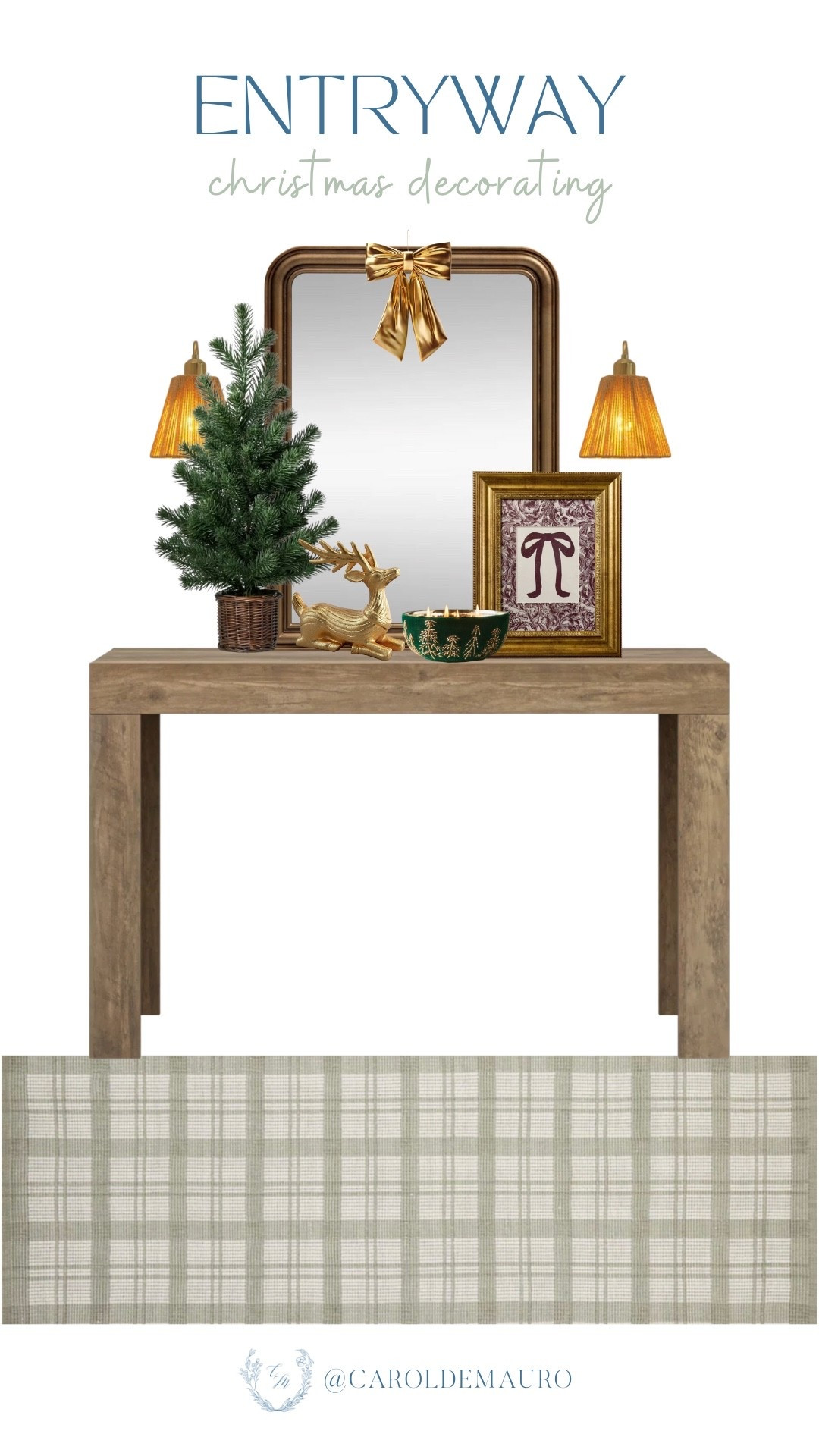 Preparing your foyer for the holidays is simple! With just a few seasonal touches, such as a mini tree and that adorable golden reindeer, your console table will become a welcoming, festive display.

entryway inspo, holiday decor, winter wonderland, christmas decorating, furniture finds, decor inspo, gold accents, green decor, checkered rug

#LTKSeasonal #LTKFindsUnder100 #LTKHome