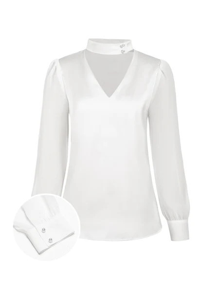 White 1940s Round Neck Satin Puff Sleeve Blouse | Retro Stage