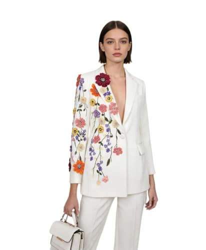 Womens Floral Embroidered Blazer Long Sleeve One Button Casual Business Suit Jacket for Party Wedding White | Amazon (US)