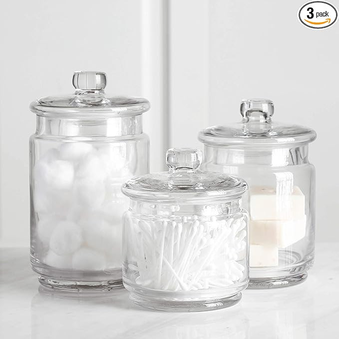 WHOLE HOUSEWARES Glass Apothecary Jars with Lids - Set of 3 for Bathroom Storage, Qtip & Cotton S... | Amazon (US)