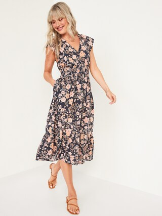 Waist-Defined Flutter-Sleeve Floral-Print Smocked Midi Dress for Women | Old Navy (US)