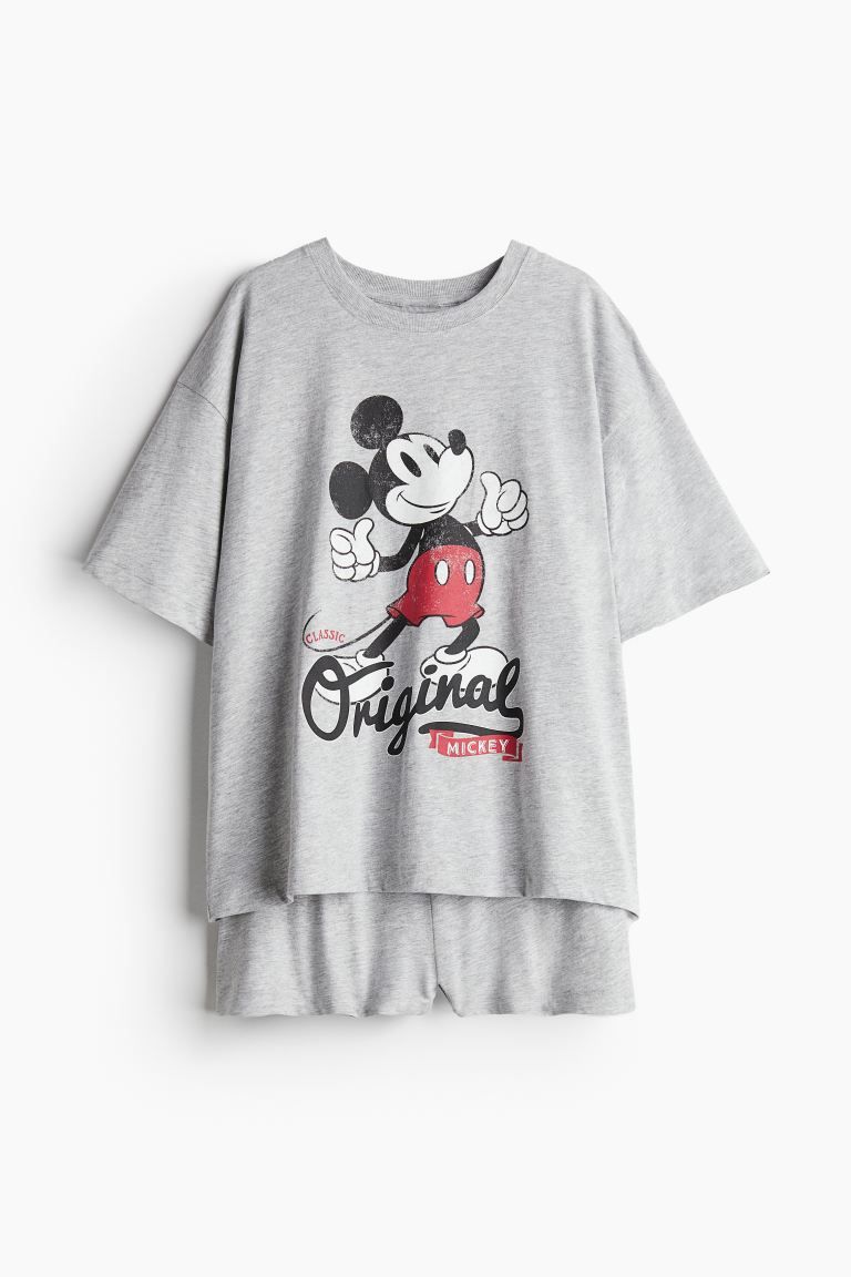 Printed Pajamas - Short sleeve - Regular length - Gray melange/Mickey Mouse - Ladies | H&M US | H&M (US + CA)
