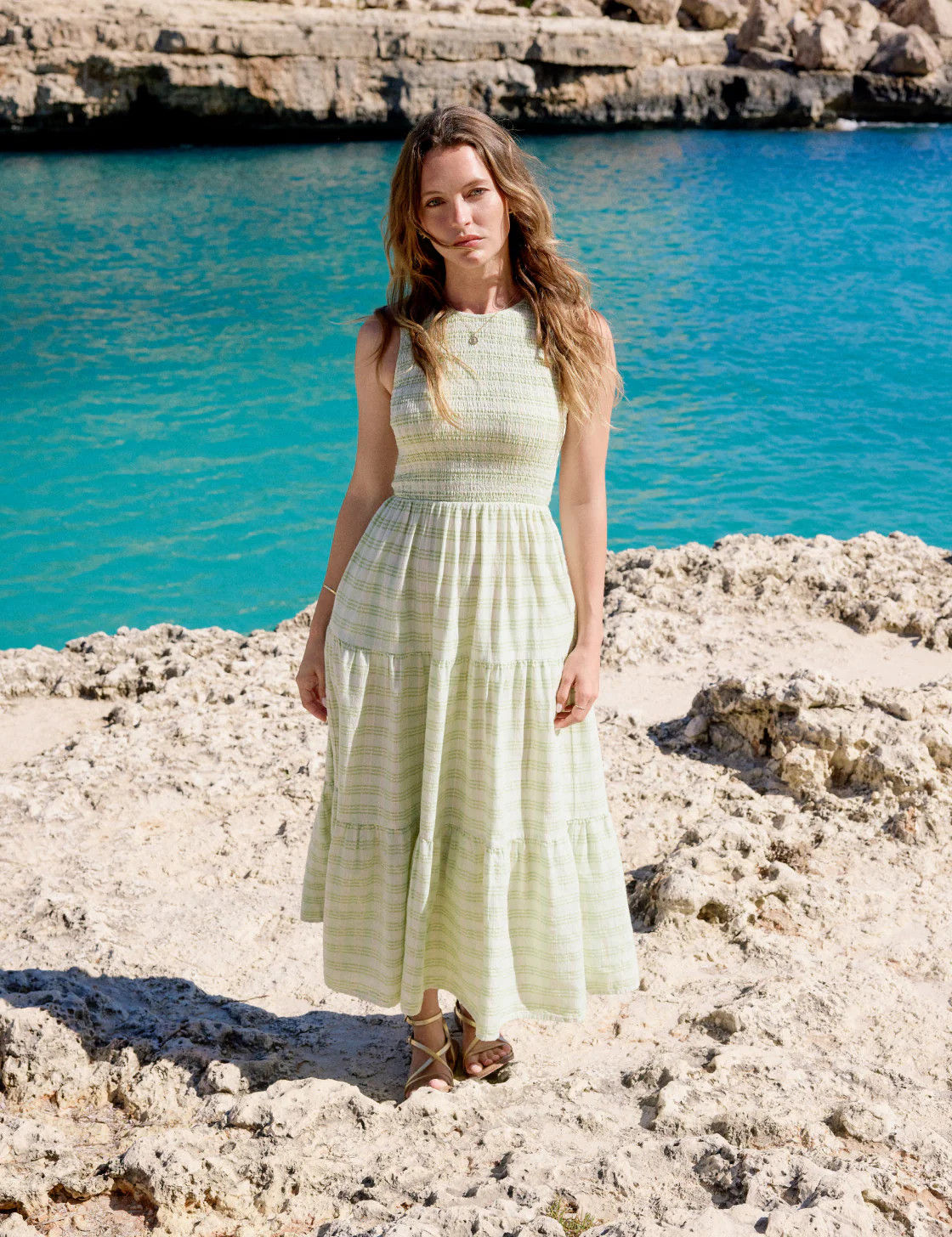Green Checked Shirred Sleeveless Charlie Midi Dress | Nobody's Child