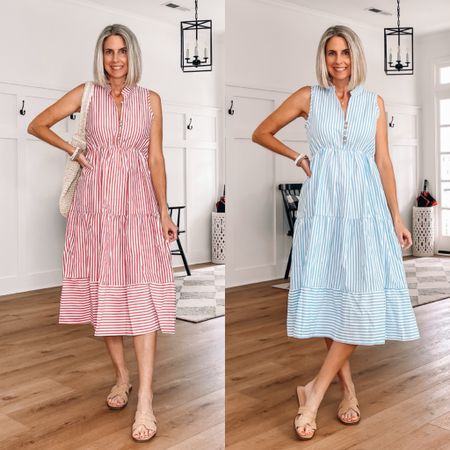 ⭐️ Amazon striped dress comes in other colors wearing a small. Functional buttons 

July 4th dress 
Vacation dress 
Easter dress 


#LTKover40 #LTKfindsunder50 #LTKSeasonal