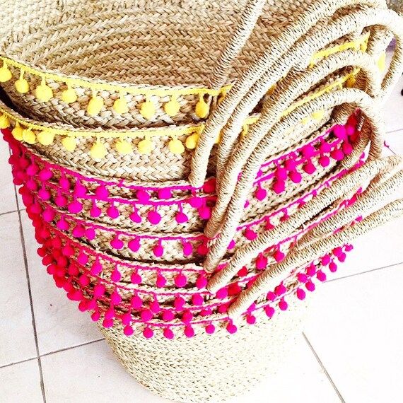 Pompom beach bag/straw pom pom basket/Straw basket/Straw beach bag/Beach bag/Yoga bag/Tote bags | Etsy (US)