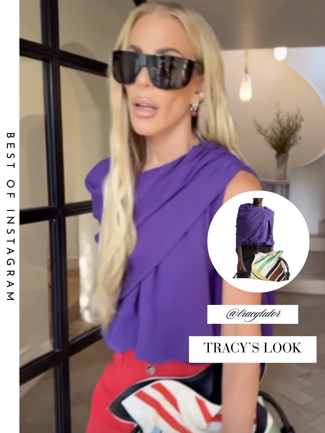Tracy Tutor’s Purple Draped Top and Stripe Bag 📸 = @tracytutor
