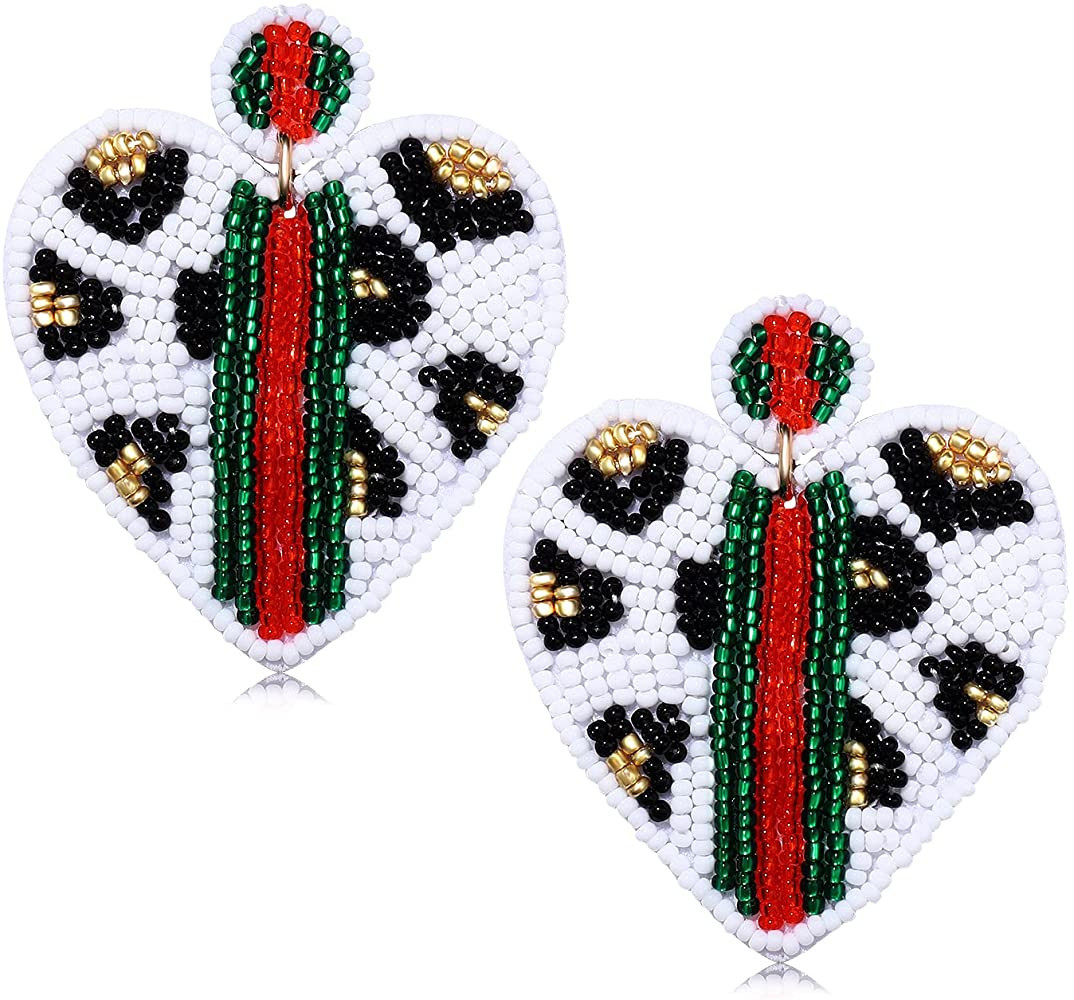 Beaded Dangle Earrings for Women Leopard Pattern Bead Heart Earrings Boho Statement Drop Earring ... | Amazon (US)