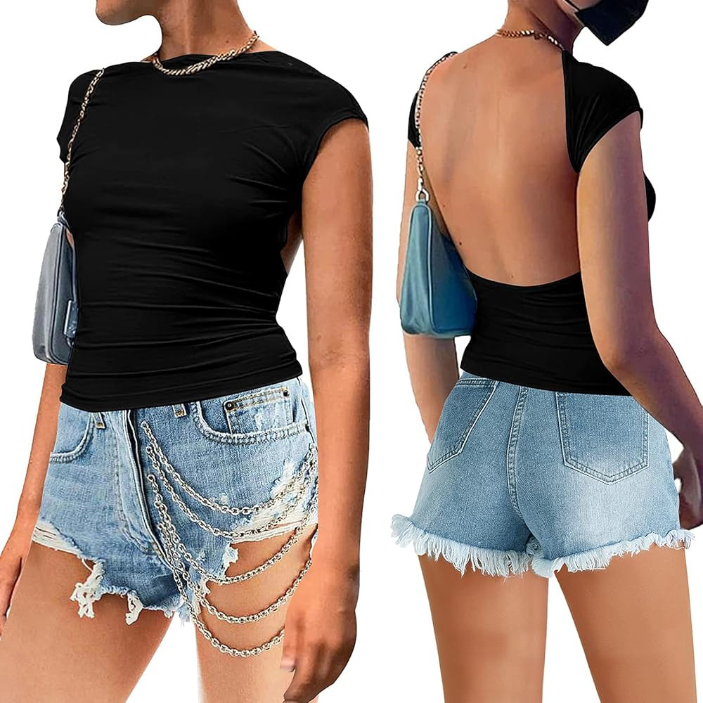 Women's Sexy Y2K Tops Backless Sleeveless Summer Casual Crop Tee Crewneck Slim Fit Cut Out Shirt | Amazon (US)