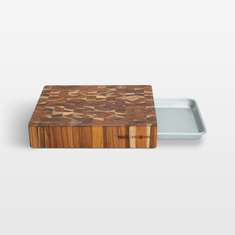 Prep to Pan Teak End-Grain Cutting Board with Quarter Sheet Pan | Crate & Barrel