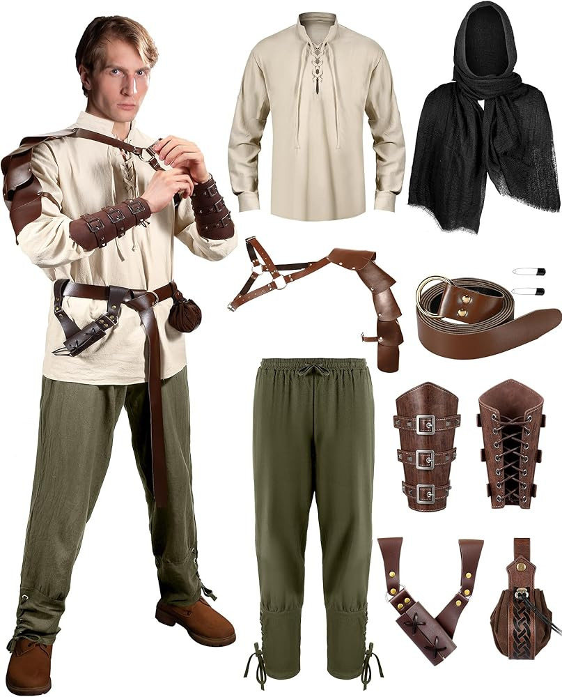 8 Pcs Men's Renaissance Costume Set Shirt Pants with Belt Shawl Half Shoulder Cape Scarf Pouch Br... | Amazon (US)