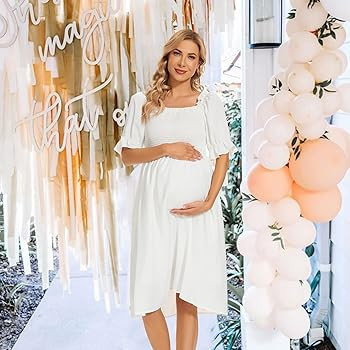 Floral Print Square Neck Puff Sleeve Maternity Dress for Baby Shower Photoshoot Summer, Boho Smoc... | Amazon (US)