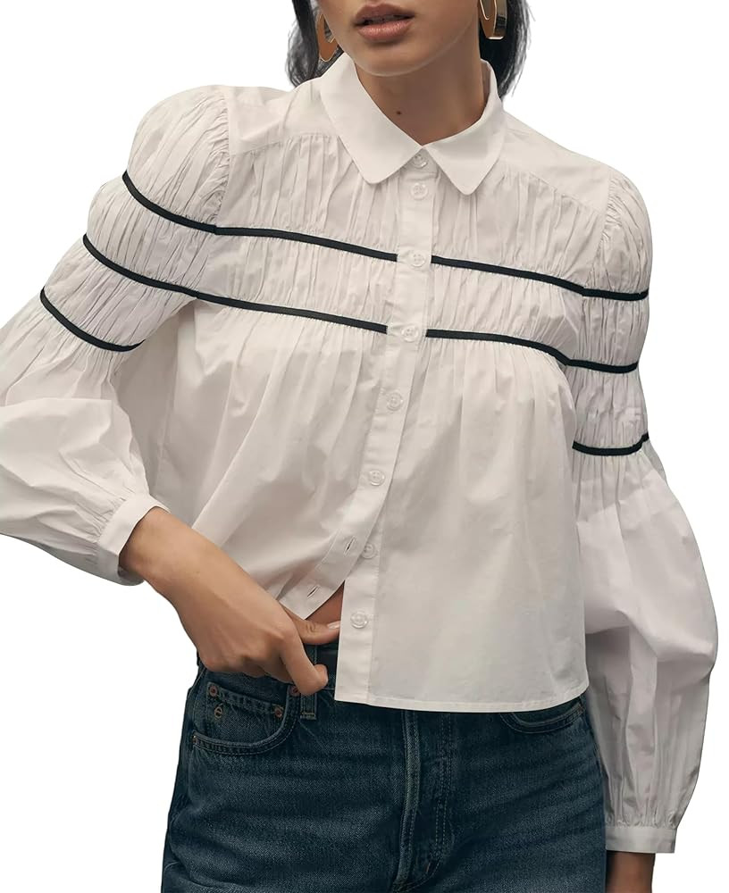 Women’s Puff Sleeve Shirred Blouse Button Front Peter Pan Collar Contrast Cotton Shirt Cute Bab... | Amazon (US)