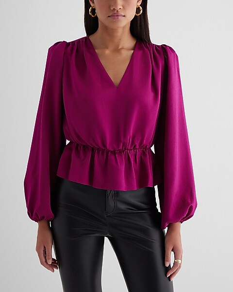 Long Sleeve V-Neck Peplum Top | Express
