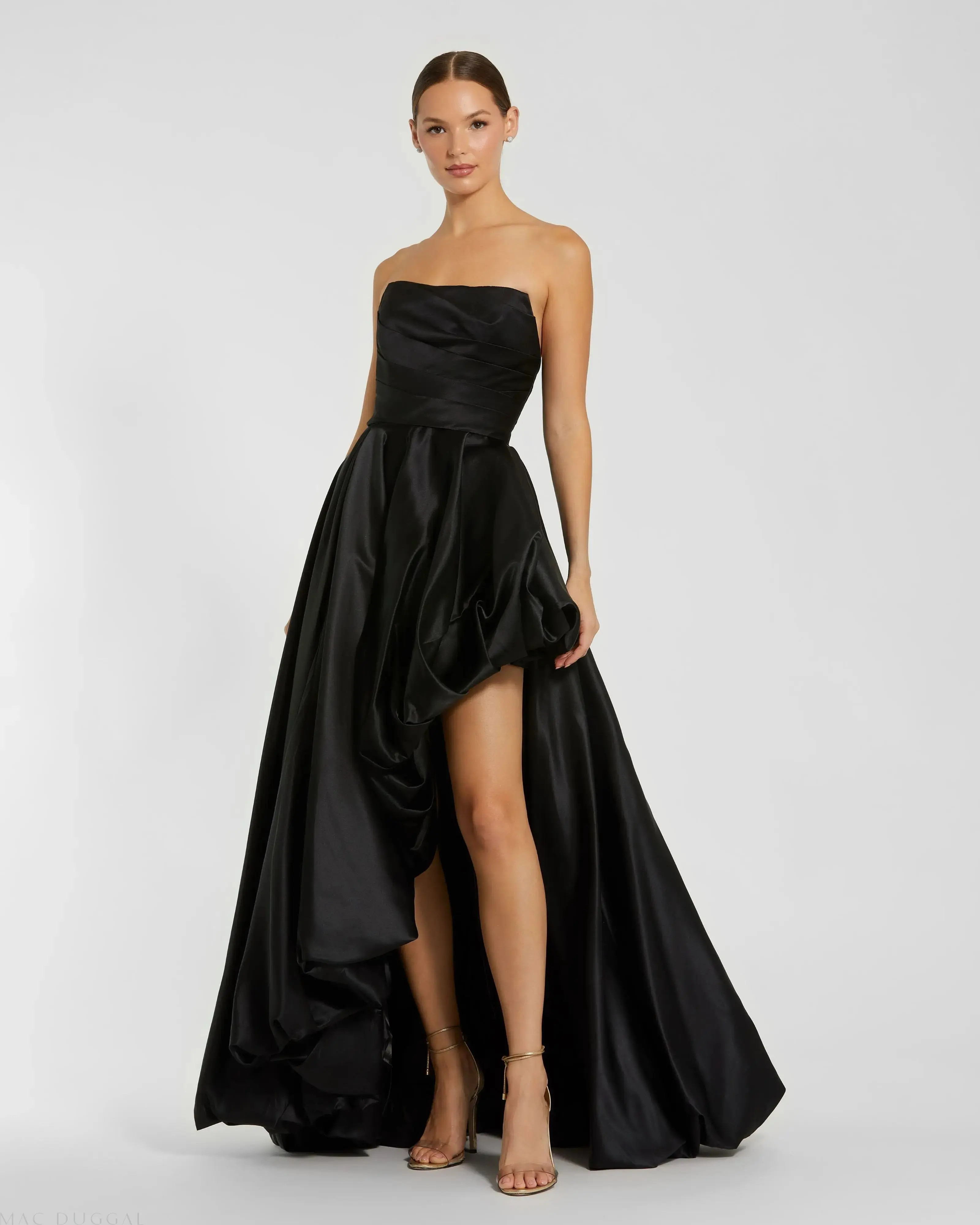 Black Strapless Ruched High Low Gown | Mac Duggal | Mac Duggal