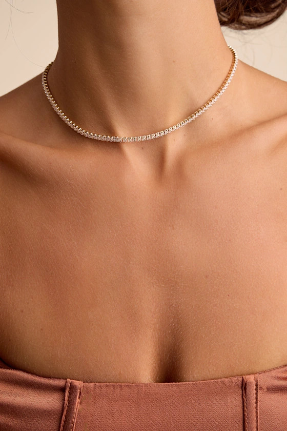 Acaria 14KT Gold Rhinestone Tennis Necklace | Lulus