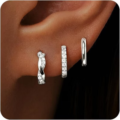 3 Pairs Sterling Silver Hoop Earrings Set: Dainty Twisted & Birthstone Designs for Stacking Gold One Size | Target