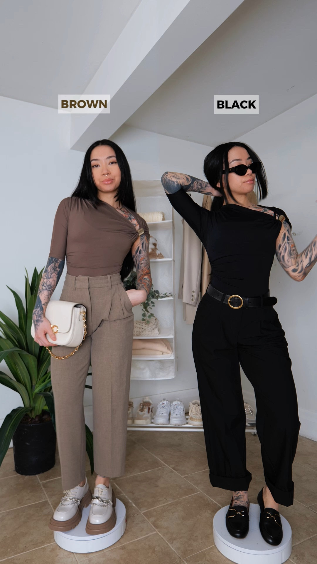 Both tops from Zara! 
Left pant: Aritzia 
Right pant: JJXX 
Left shoes: ROMWE
Right shoes: GEOX 
Right belt: Aritzia
Right sunglasses: Vakenelli 

#LTKParties #LTKPetite #LTKStyleTip