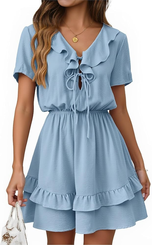 Angashion Womens Tie Front Mini Dress: V Neck Long Sleeve Layer Ruffle Hem Dress with Pockets | Amazon (US)