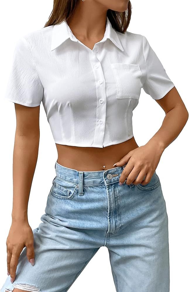 SHENHE Women's Short Sleeve Button Up Shirt Casual Collared Cropped Button Down Top | Amazon (US)