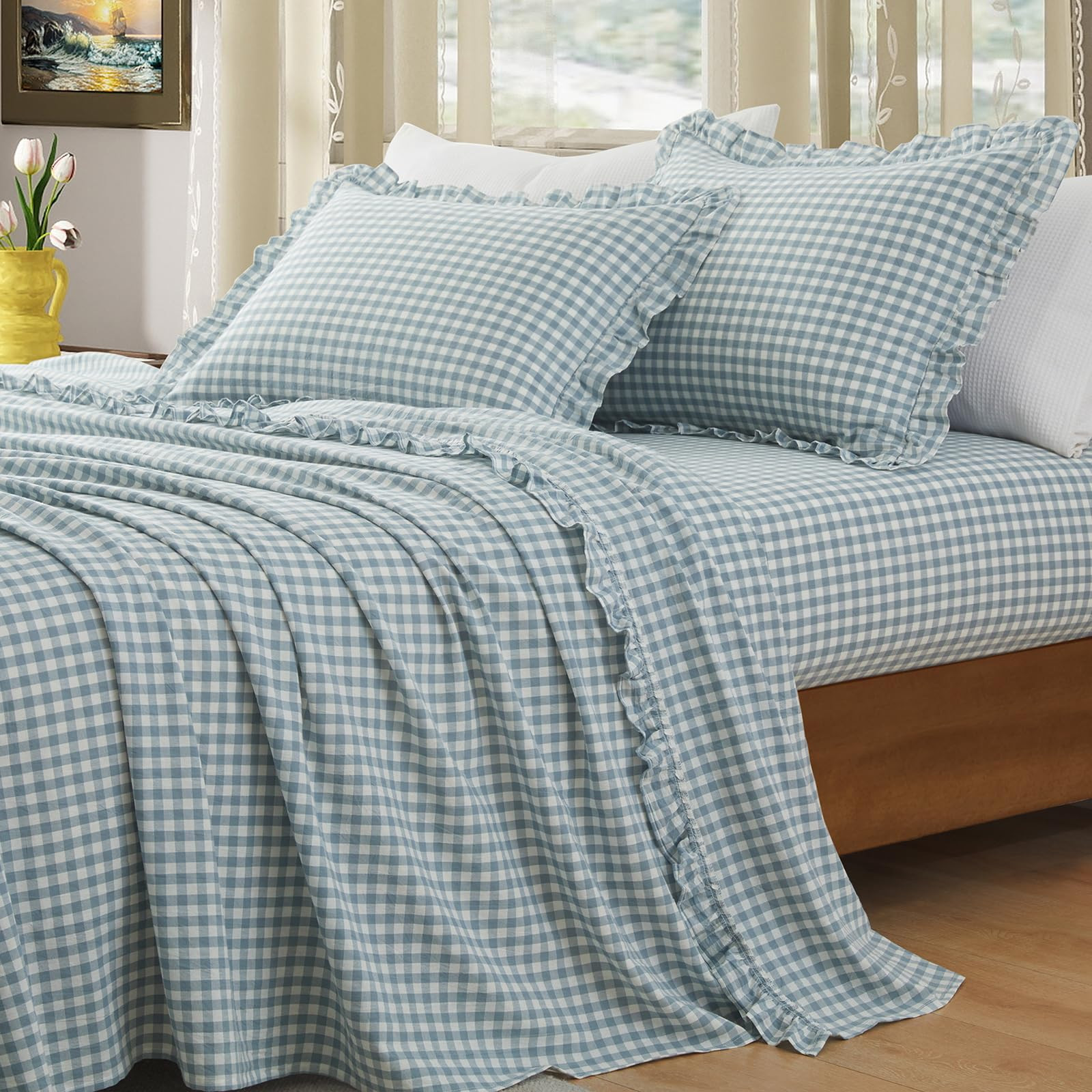 KKJIAF 4 Pieces Plaid Ruffle Full Size Bed Sheets, Cotton Gingham Full Size Sheet Set Linen Feel ... | Amazon (US)