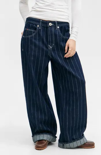 BDG Urban Outfitters Jaya Baseball Stripe Low Rise Wide Leg Jeans in Blue at Nordstrom Rack, Size 25 X 32 | Nordstrom Rack