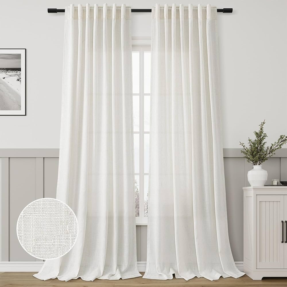 Natural Semi Sheer Linen Curtains 102 Inch Long Back Tab Loop Pocket Elegant Light Filtering Curt... | Amazon (US)