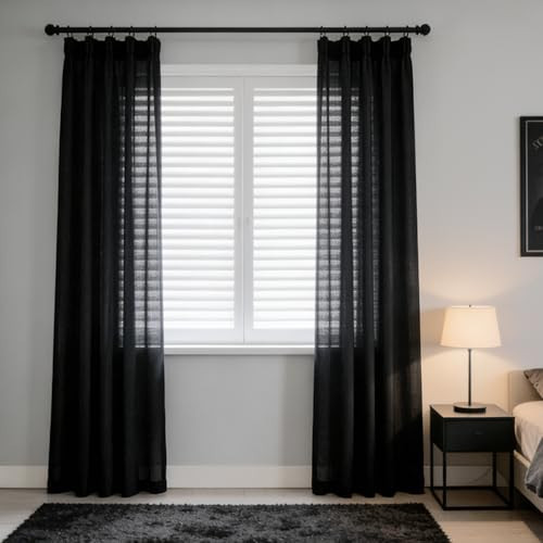 Ftinala Black Curtains Semi Sheer 102 Inches Long, Linen Textured Light Filtering Sliding Glass Door Curtains & Drapes, Dark Academy Moody Window Panels, Pinch Pleat Ceiling Curtain with Hooks | Amazon (US)