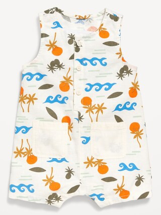 Sleeveless Linen-Blend Henley One-Piece Romper for Baby | Old Navy (US)