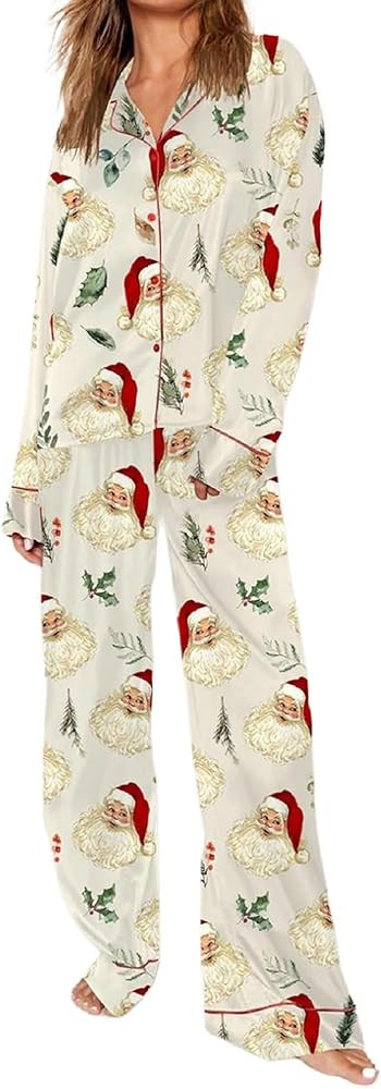 Faretumiya Women Silk Satin Christmas Pajamas Xmas Long Sleeve Sleepwear Holiday Print Two Piece ... | Amazon (US)