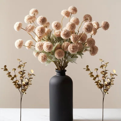 Beige Flowers Artificial + Eucalyptus, Fake Mums Long Stem Flowers, Tan Nude Cream Neutral Flowers For Decorations, Pom Pom Faux Kiku Flower Bulk, Sil | Wayfair North America