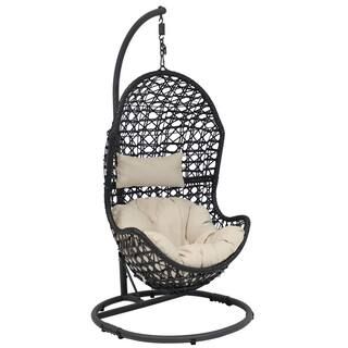 Cordelia Wicker Outdoor Hanging Egg Patio Lounge Chair with Stand and Beige Cushions | The Home Depot